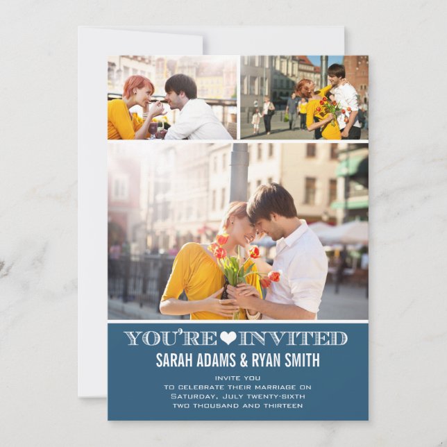 Niedlich Heart Navy Hochzeit Drei Foto Einladung (Vorderseite)