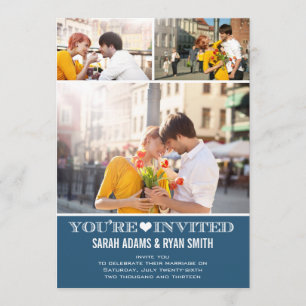 Niedlich Heart Navy Hochzeit Drei Foto Einladung