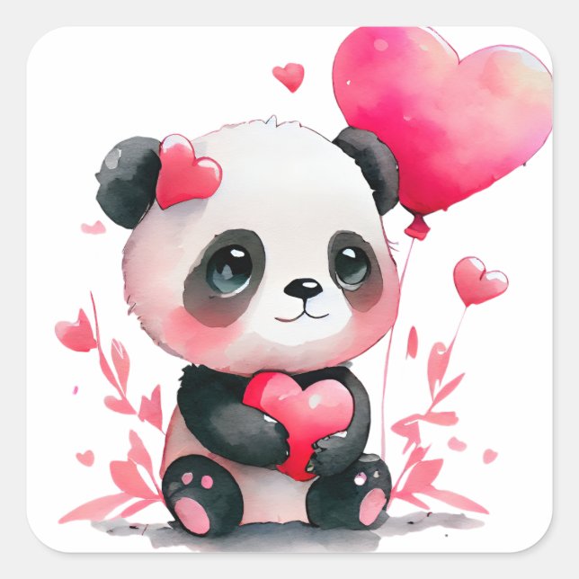Niedlich Heart Panda Bear Valentine Quadratischer Aufkleber (Vorderseite)