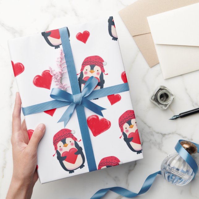Niedlich Heart Penguin Winter Geschenkpapier (Schenken)