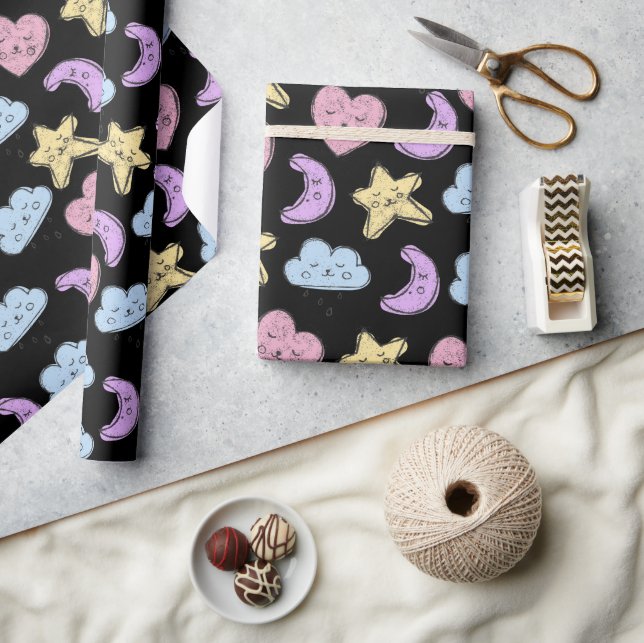 Niedlich Heart Star Moon Black Baby Dusche Geschenkpapier (Kunsthandwerk)