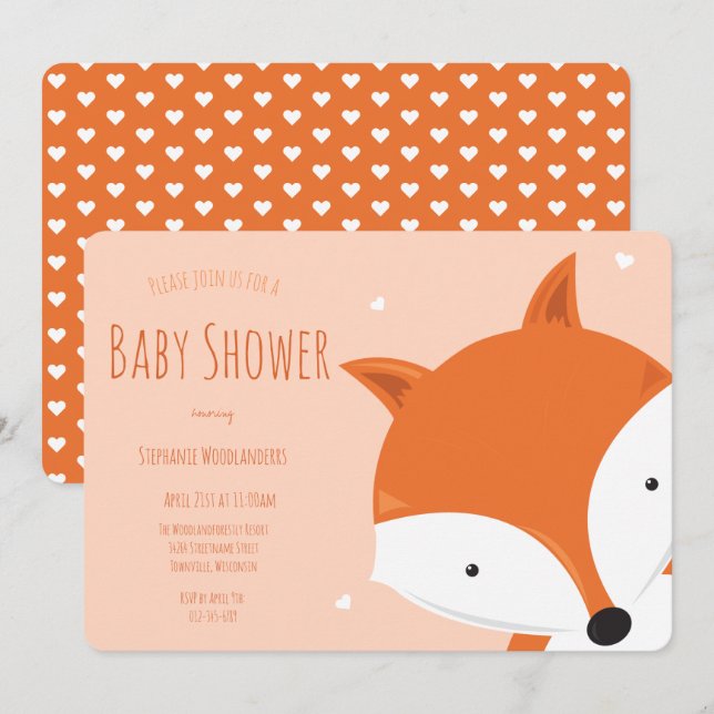 Niedlich Hearts Fox Animal Baby Dusche Einladung (Vorne/Hinten)