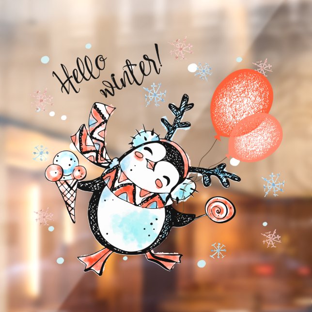 Niedlich Hello Winter Happy Pinguin Reindeer Antle Fensteraufkleber (Blatt 2)