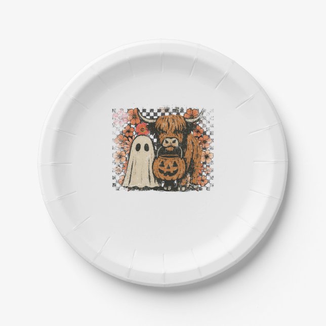 Niedlich Herbst Highland Cow Ghost Halloween Pappteller (Vorderseite)