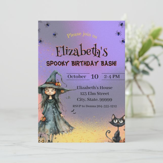 Niedlich Hexe Spooky Halloween Geburtstag Einladung (Stehend Vorderseite)