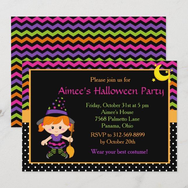 Niedlich-Hexenmädchen-Halloween-Party Einladung (Vorne/Hinten)