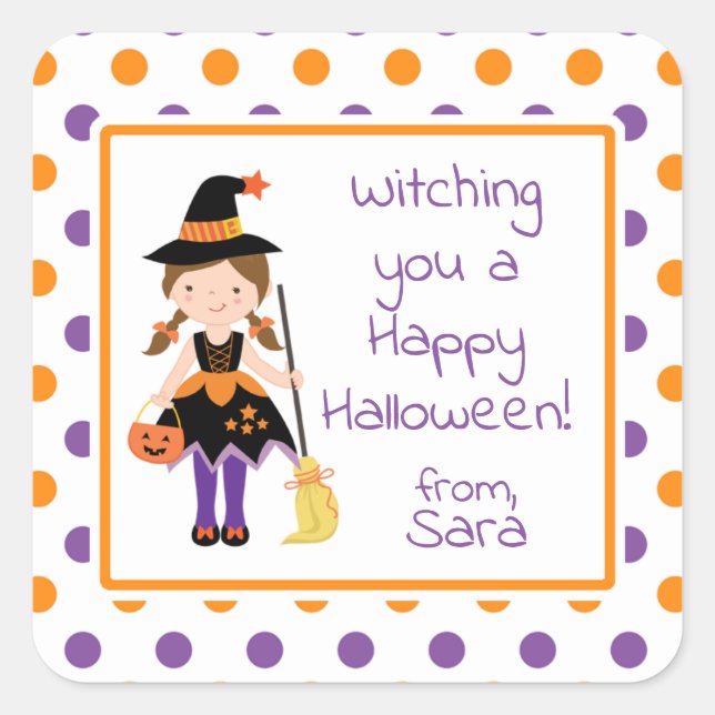 Niedlich-Hexenmädchen-Halloween-Sticker Quadratischer Aufkleber (Vorderseite)