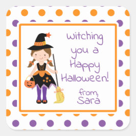 Niedlich-Hexenmädchen-Halloween-Sticker Quadratischer Aufkleber