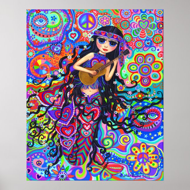 Niedlich Hippie Mermaid Girl Doll Guitar Poster (Vorne)