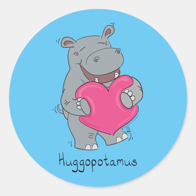Niedlich Hippo Hugs Süße Tier Cartoon Runder Aufkleber (Vorderseite)
