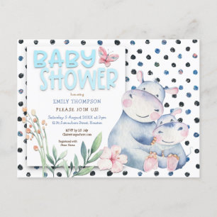 Niedlich Hippos Polka Dots Blue Baby Dusche Einladungspostkarte