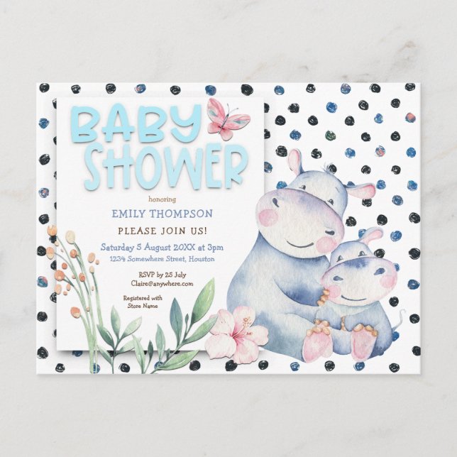 Niedlich Hippos Polka Dots Blue Baby Dusche Einladungspostkarte (Vorderseite)