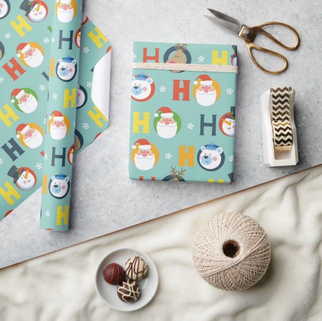 Niedlich Ho Ho Ho Santa Snowman Rentier Weihnachte Geschenkpapier (Kunsthandwerk)
