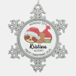 Niedlich Holiday Sloth Baby's First Christmas Schneeflocken Zinn-Ornament