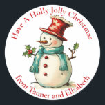 Niedlich Holly Jolly Snowman Custom Christmas Runder Aufkleber<br><div class="desc">Diese niedlichen Weihnachtsaufkleber zeichnen sich durch einen niedlichen Vintagen Schneemann aus,  der einen roten Hut und einen grünen Schal verbindet und jedem ein Heiligabend wünscht. Personalisieren Sie diese,  indem Sie Ihren Namen hinzufügen. Das ist ein schönes Geschenk-Tag!</div>