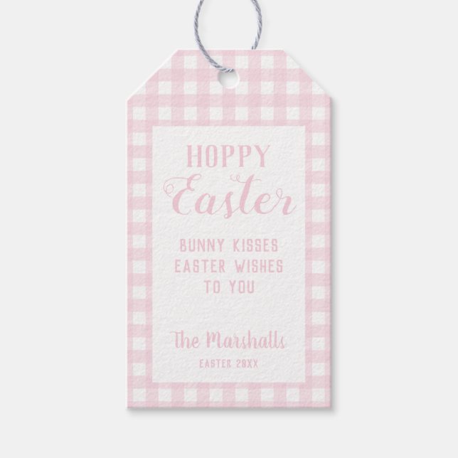 Niedlich Hoppy Easter Baby Pink Gingham Osterkörbe Geschenkanhänger (Vorderseite)