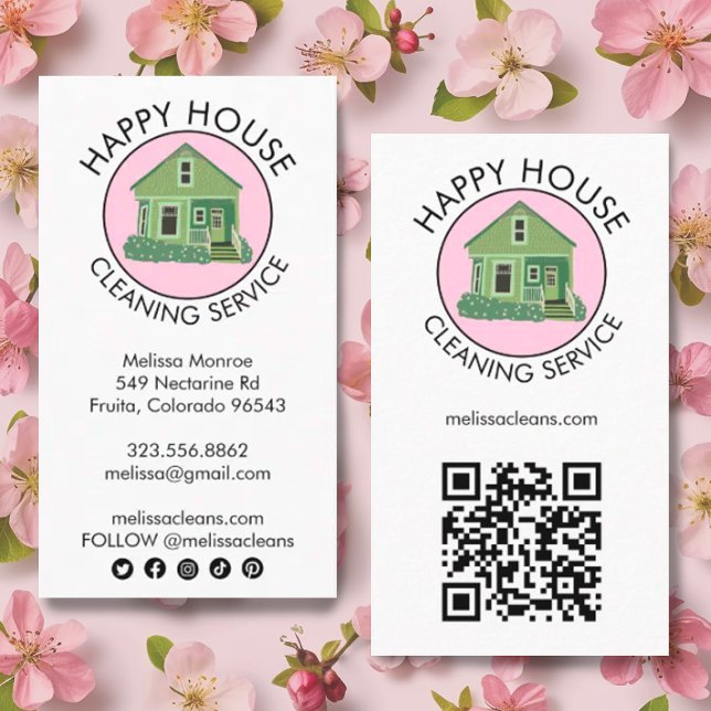 Niedlich-House-Logo-Reinigung Zuhause QR-Code Sozi Visitenkarte (Custom cute house logo business cards for cleaners with social media icons and QR code
)