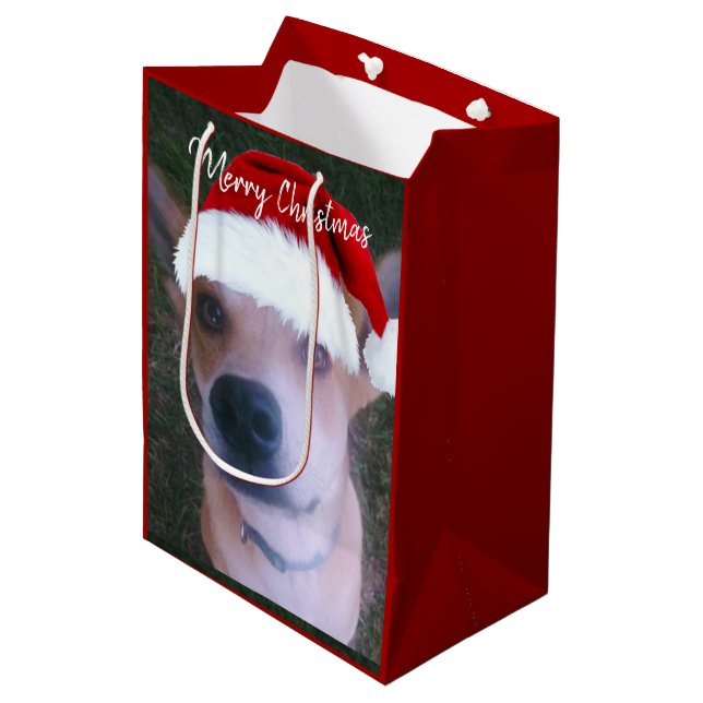 Niedlich Hund Foto Red Christmas Custom Mittlere Geschenktüte (Vorderseite Schrägansicht)