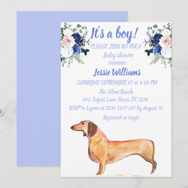 Niedlich Hunde Dackel Floral Blue Weiner Baby Boy Einladung (Vorne/Hinten)