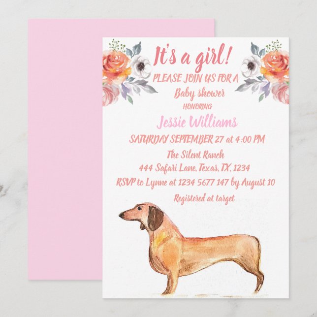 Niedlich Hunde Dackel Floral Pink Weiner Baby Girl Einladung (Vorne/Hinten)