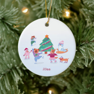 Niedlich Hunde Ice Skaten Soft Blue Weihnachts Fot Keramik Ornament