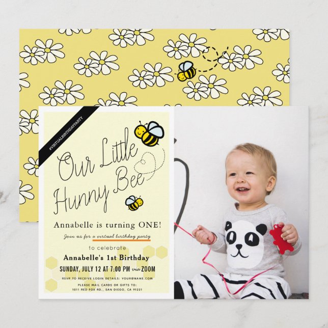 Niedlich Hunny Bee Yellow Foto Virtueller 1. Gebur Einladung (Vorne/Hinten)
