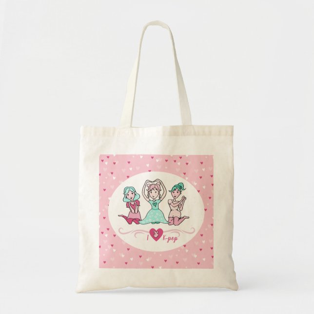 Niedlich I Liebe K-Pop Girls Aquamarin Rosa Herz Tragetasche (Vorne)