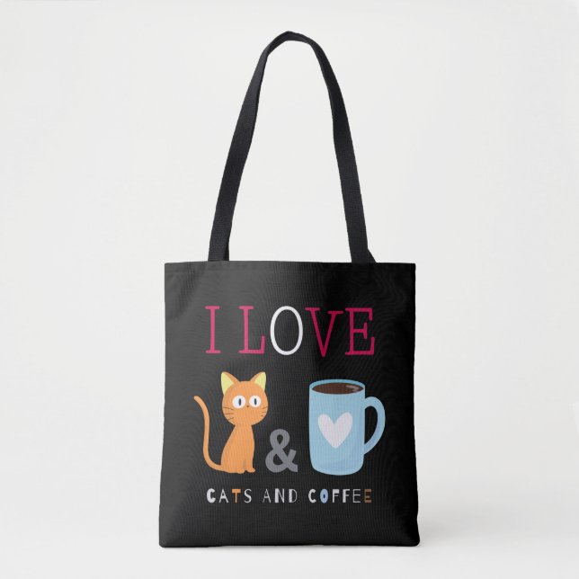 Niedlich I Liebe Katzen und Kaffee schwarz Tasche (Vorderseite)