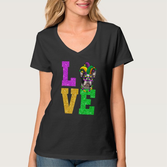 Niedlich I Liebe Mardi Gras Boston Terrier Doppy P T-Shirt (Vorderseite)