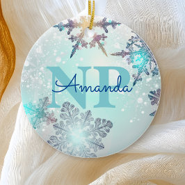 Niedlich Ice Blue Snowflake Personalisierter Name Keramik Ornament