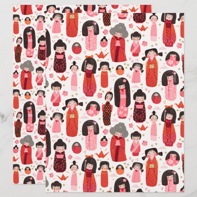 Niedlich Illustrierte japanische Kokeshi Scrapbook (Vorne/Hinten)