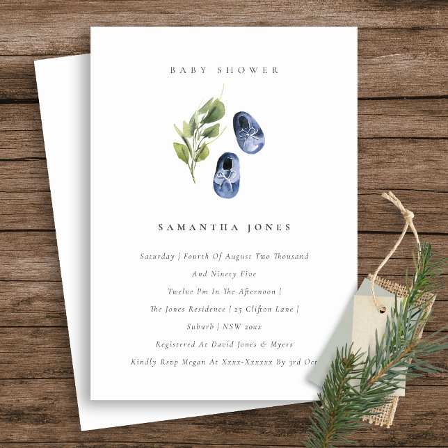 Niedlich Ink Blue Shoes Foliage Boy Baby Dusche Einladung (Von Creator hochgeladen)