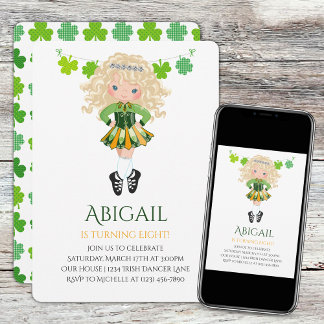 Niedlich Irish Dance Blond Girl Kleeblatts Geburts Einladung