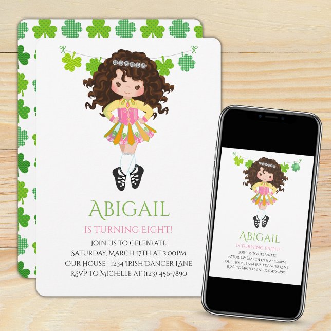 Niedlich Irish Dance Brünett Girl Kleeblatts Gebur Einladung (Von Creator hochgeladen)