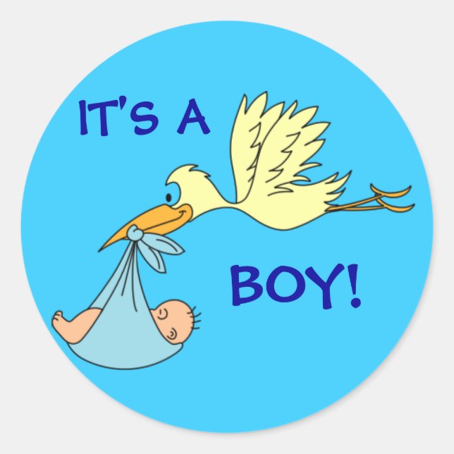 Niedlich IST EIN Junge Baby Stork Blue Runder Aufkleber (Vorderseite)