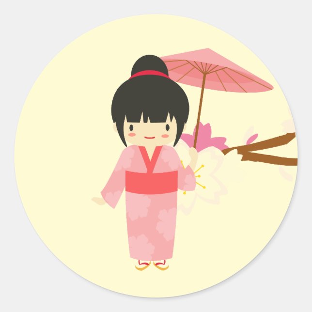 Niedlich-Japanisch-rosa Cherry Blossom Geisha Runder Aufkleber (Vorderseite)