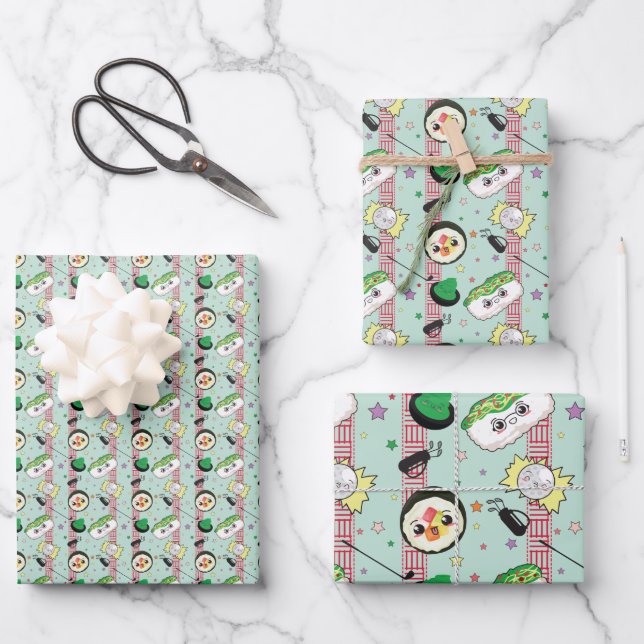 Niedlich Japanisch Sushi Lover Golfing Pattern Geschenkpapier Set (Vorderseite)