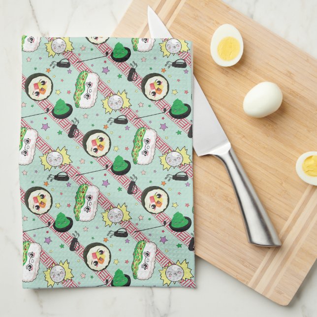 Niedlich Japanisch Sushi Lover Golfing Pattern Geschirrtuch (Viertel Falte)