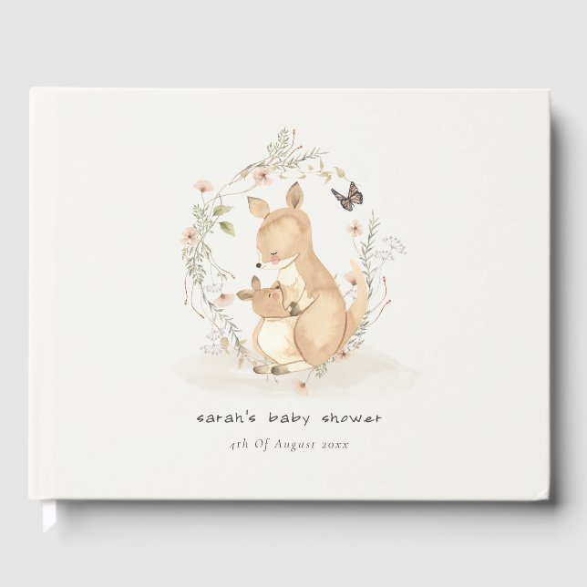 Niedlich Joey Mama Kangaroo Floral Wreath Baby Sho Gästebuch (Vorderseite)