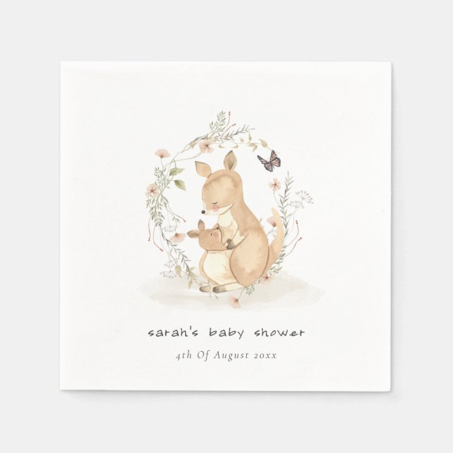 Niedlich Joey Mama Kangaroo Floral Wreath Baby Sho Serviette (Vorderseite)
