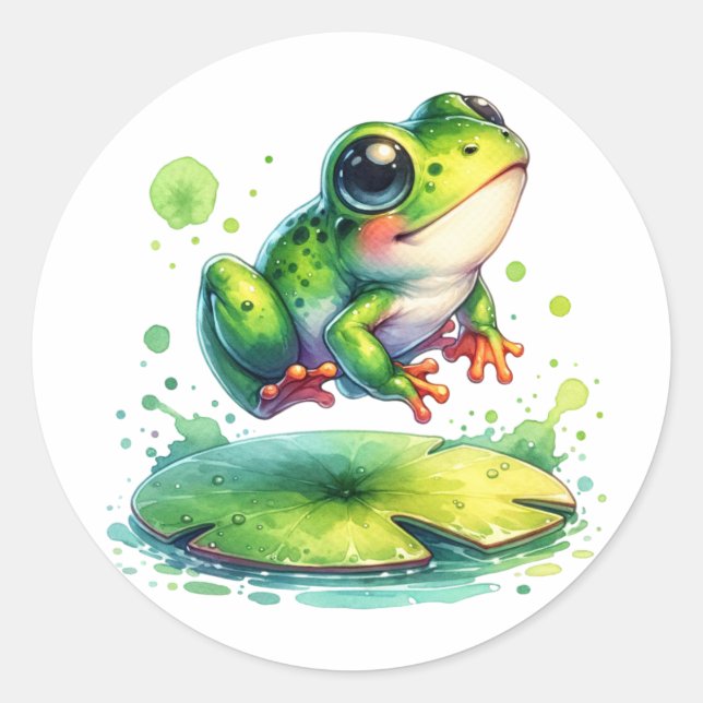 Niedlich Jumping Frog Whimsical Ai Art Runder Aufkleber (Vorderseite)
