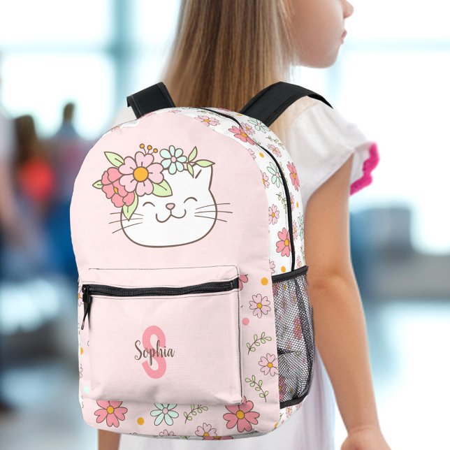 Niedlich Katzenrosa Bläschen Name Monogramm Kinder Bedruckter Rucksack (Cute Cat Pink Floral Girl Kids Printed Backpack)
