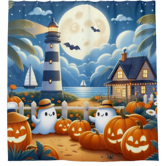 Niedlich, kautisches/kstenförmiges Halloween-Geist Duschvorhang (Vorderseite)