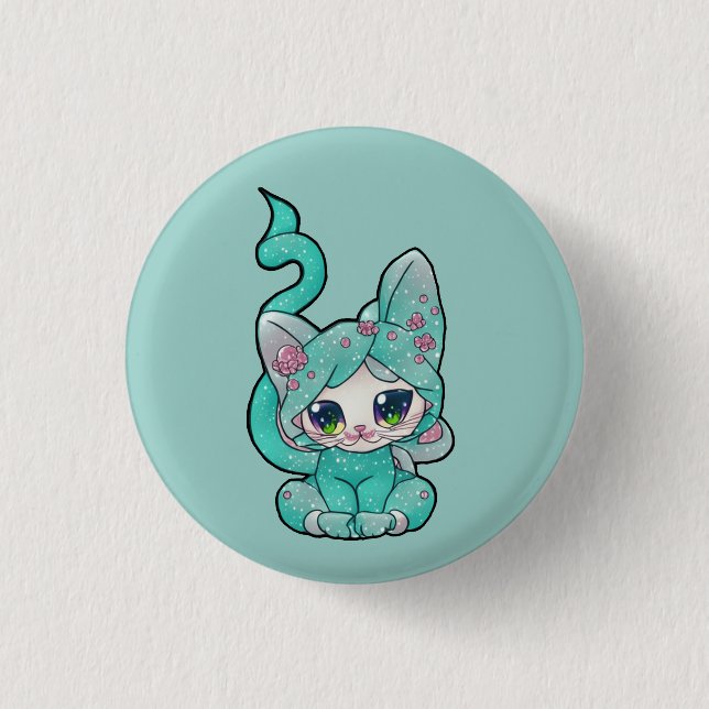 Niedlich Kawaii Aquamarin Kitten Button (Vorderseite)