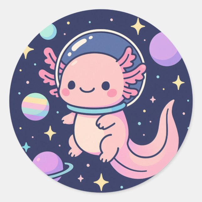 Niedlich Kawaii Axolotl Astronaut - Retro Space Ad Runder Aufkleber (Vorderseite)