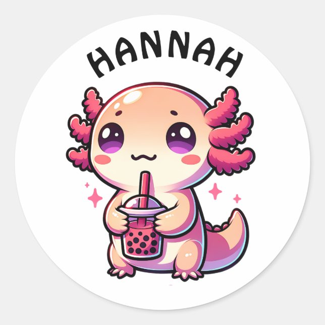 Niedlich Kawaii Axolotl mit Bubble Tee Personalisi Runder Aufkleber (Vorderseite)