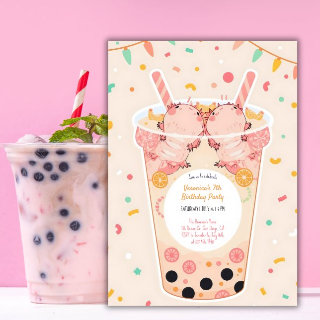 Niedlich Kawaii Boba Bubble Tea Axolotl Geburtstag Einladung (Bubble Tea Axolotl Birthday Invitation Cute Kawaii Boba Birthday Party Invite)