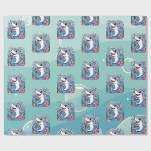 Niedlich Kawaii Boba Shark Ocean Vibes Muster Geschenkpapier