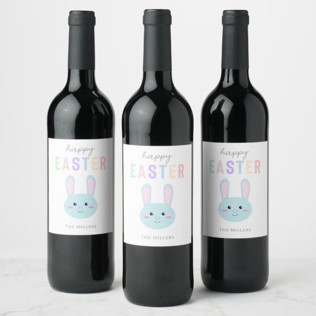 Niedlich Kawaii Bunny Blue Happy Osterzeit Modern Weinetikett (Flaschen)