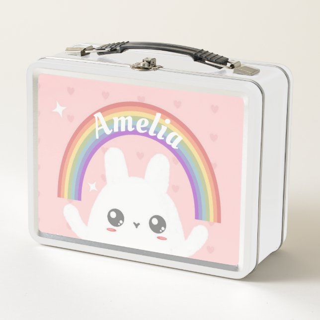 Niedlich Kawaii Bunny und Rainbow Personalisiert Metall Brotdose (Vorderseite)